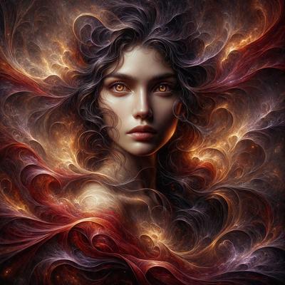 The primary subject of the image is a woman with long hair, who is the main focus of the scene. She is surrounded by a vibrant and colorful background, which includes a mix of red, orange, and yellow hues. The visual style of the image is a digital art or illustration, with the woman's face and hair being the main elements of the composition. The overall atmosphere of the image is lively and captivating, with the woman's striking features and the vivid colors of the background creating a